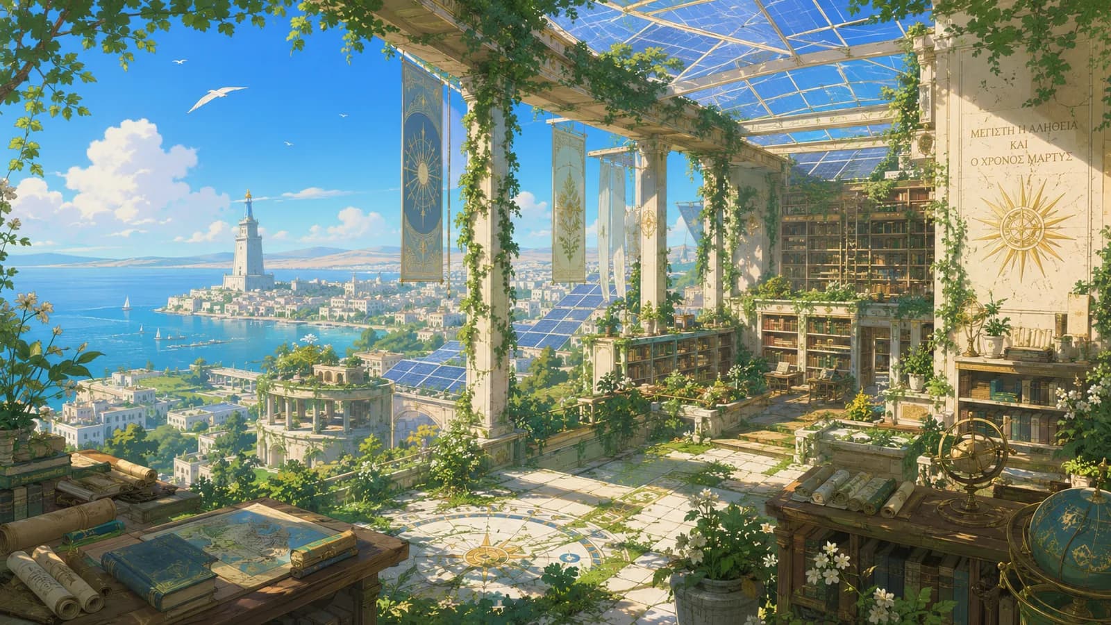 A sunlit archive room overlooking a coastal city.